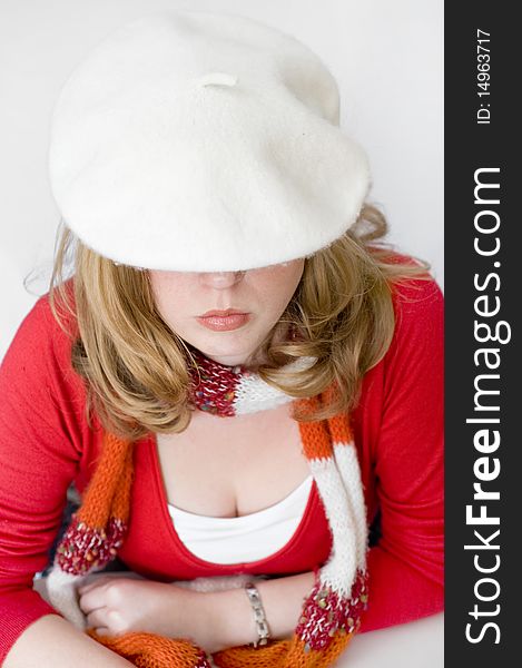 Young Woman In White Beret And Scarf