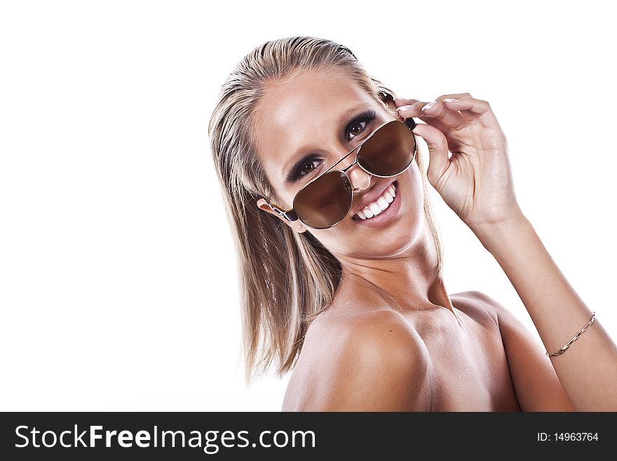 Beautiful young women with sunglasses smiling. Beautiful young women with sunglasses smiling
