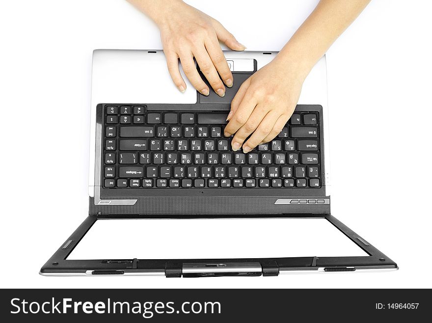 Two female hands on the laptop isolated on white background