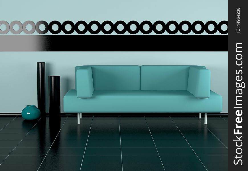 Green sofa, three vases in the room, black floor, green wall with black ornament, 3d illustrations