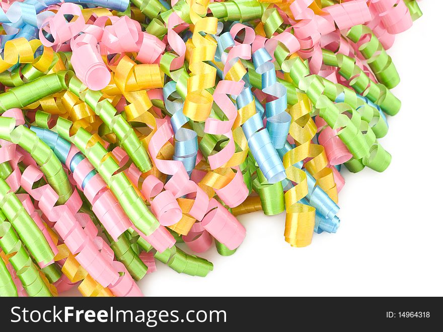 Colorful party ribbons on white background