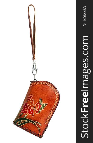 Leather handbag for phone decorated with the image of the butterfly