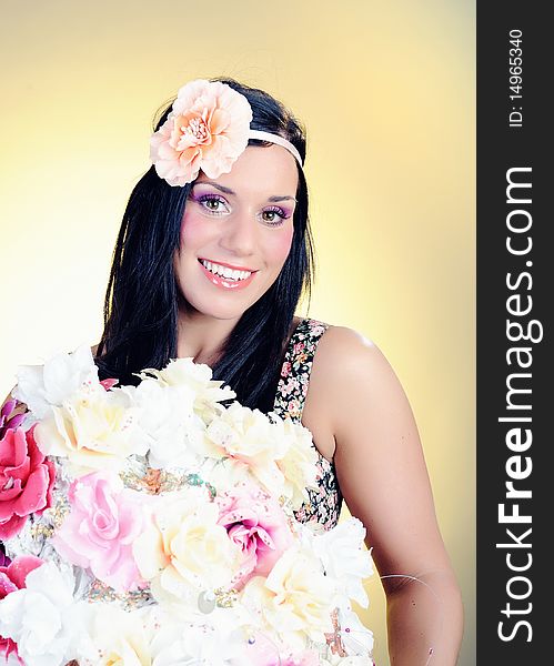 Retro portrait of Pretty woman face with artistic make-up and roses. Retro portrait of Pretty woman face with artistic make-up and roses