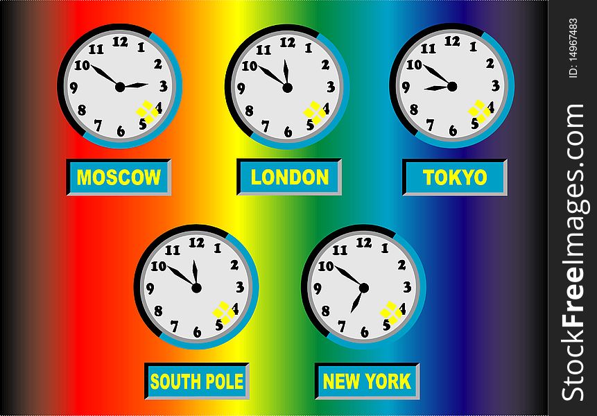 Time clocks from time zones around the world