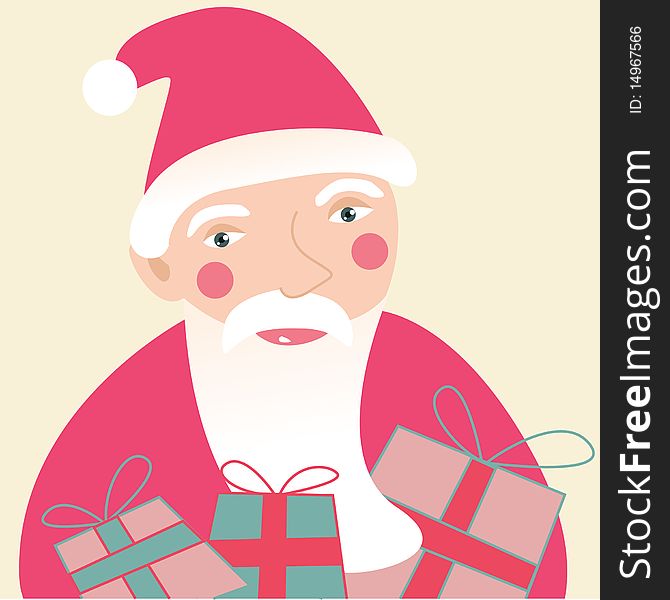 Santa Claus with Christmas gifts. vector card