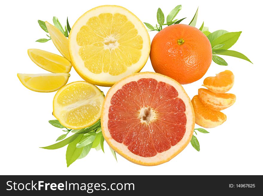 Group of fresh different citrus fruits isolated ob white with clipping path
