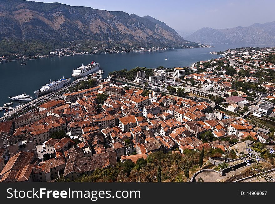 Top view of Kotor town and Kotor bay, Montenegro