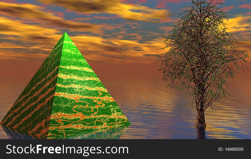 Pyramid green and orange and tree