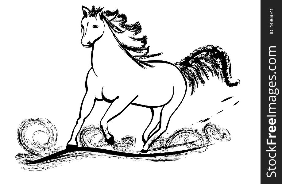 Horse galloping with flying mane