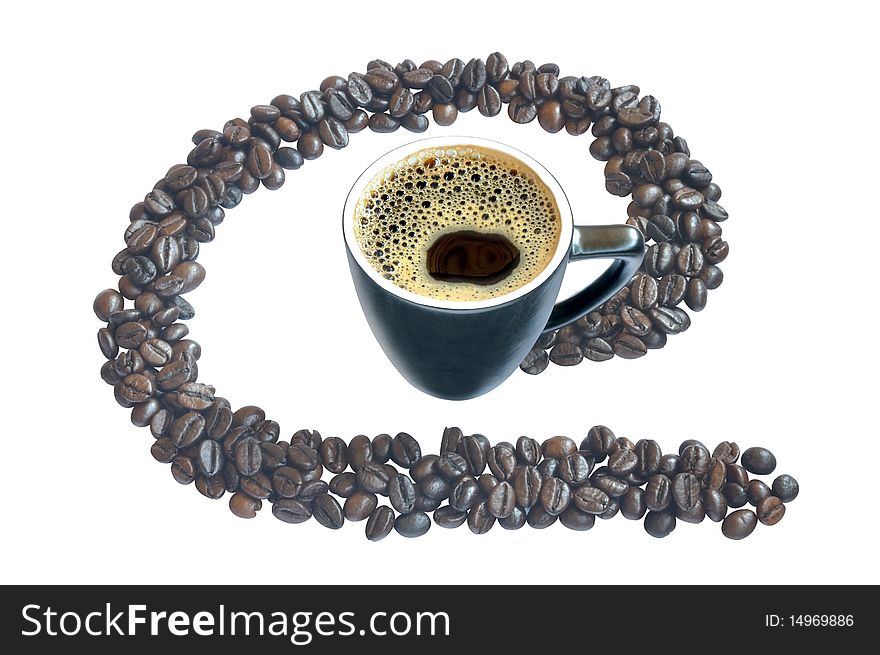 Cup and coffee beans in the form of the web symbol