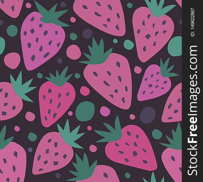 Pink strawberry seamless pattern on a black background. Summer fruit hand drawn strawberries wallpaper. Template for kitchen design, package, home textile. Vector illustration. Pink strawberry seamless pattern on a black background. Summer fruit hand drawn strawberries wallpaper. Template for kitchen design, package, home textile. Vector illustration