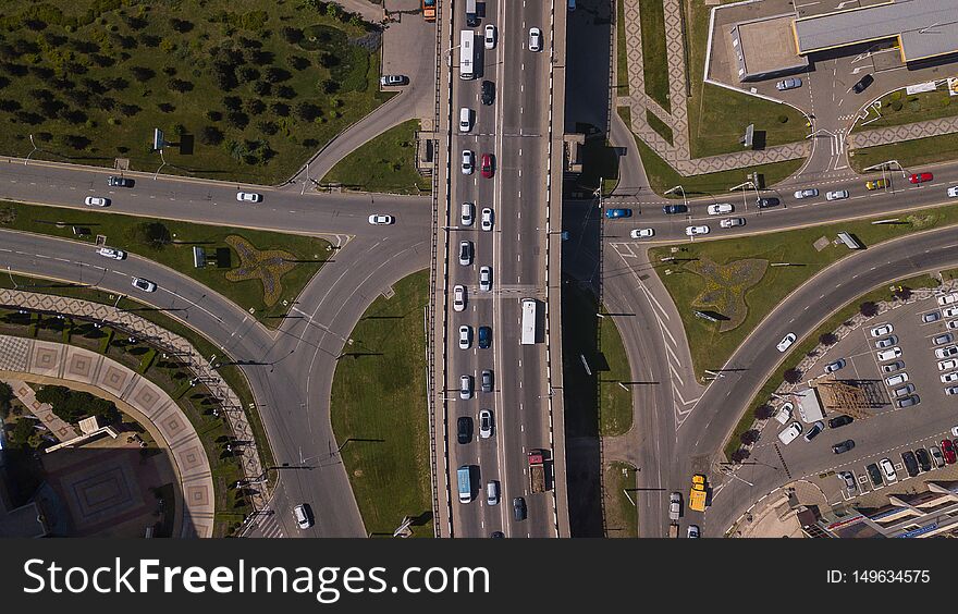 Drone`s Eye View From Above Of Urban Traffic Jam On Bridge