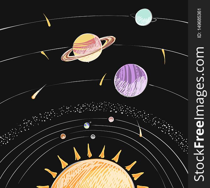 Space vector illustration of solar system  on black background