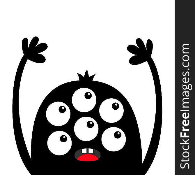 Monster head black silhouette. Six eyes, teeth tongue, hands up. Cute kawaii cartoon funny character. Baby kids collection. Happy Halloween. Flat design. White background. Isolated. Vector. Monster head black silhouette. Six eyes, teeth tongue, hands up. Cute kawaii cartoon funny character. Baby kids collection. Happy Halloween. Flat design. White background. Isolated. Vector