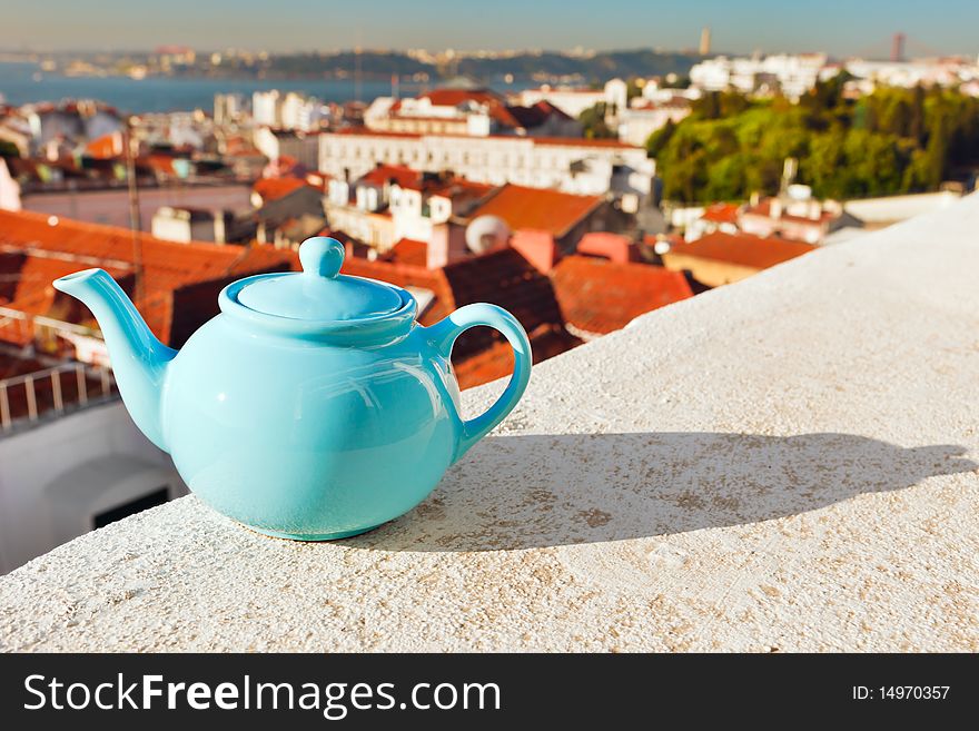 Tea pot on the roof of the house in Lisbon. Tea pot on the roof of the house in Lisbon.