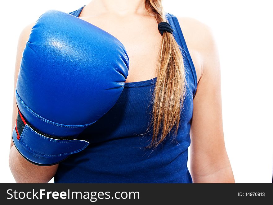 Girl with ponytail showing a boxing glove. Girl with ponytail showing a boxing glove