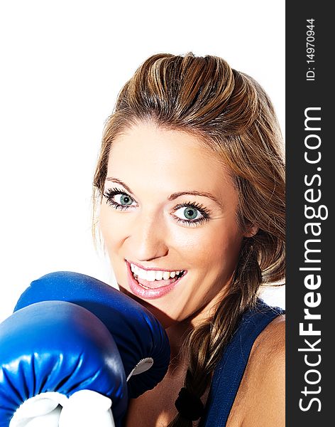 Model with a smile on his face with blue boxing gloves. Model with a smile on his face with blue boxing gloves