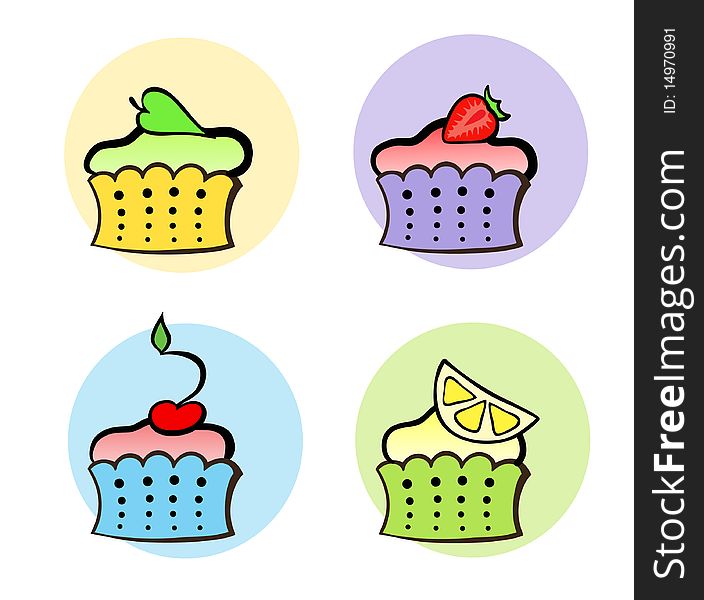 A vector illustration. Four small fruit cakes: cherry, strawberry, mint and lemon. A vector illustration. Four small fruit cakes: cherry, strawberry, mint and lemon.