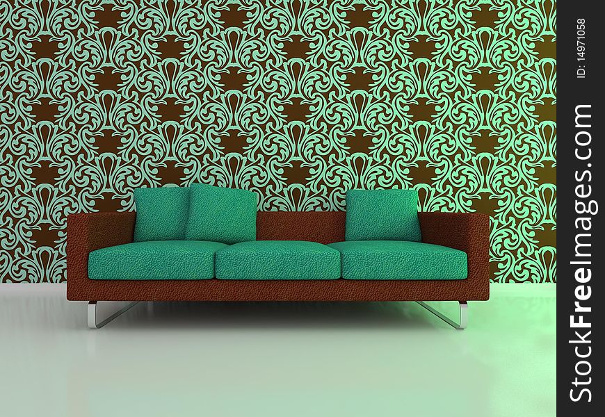 Sofa stand against the wall with colorful wallpaper.