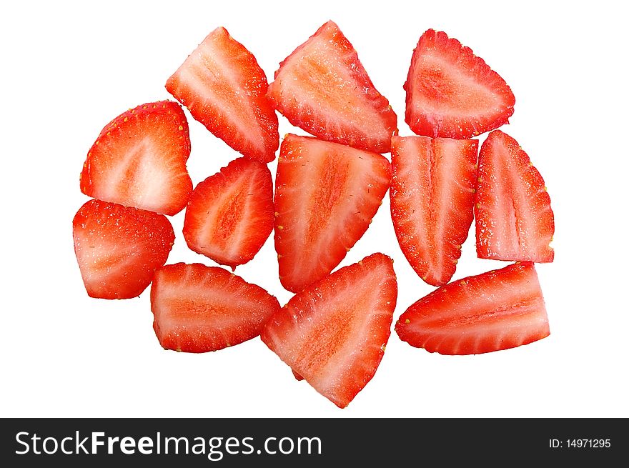 Pile of bright red ripe clean cut strawberries