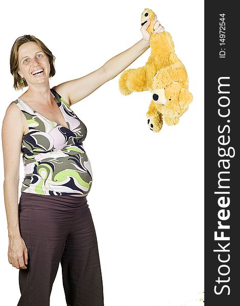 Funny Portrait Of Pregnant Woman Holding A Teddy