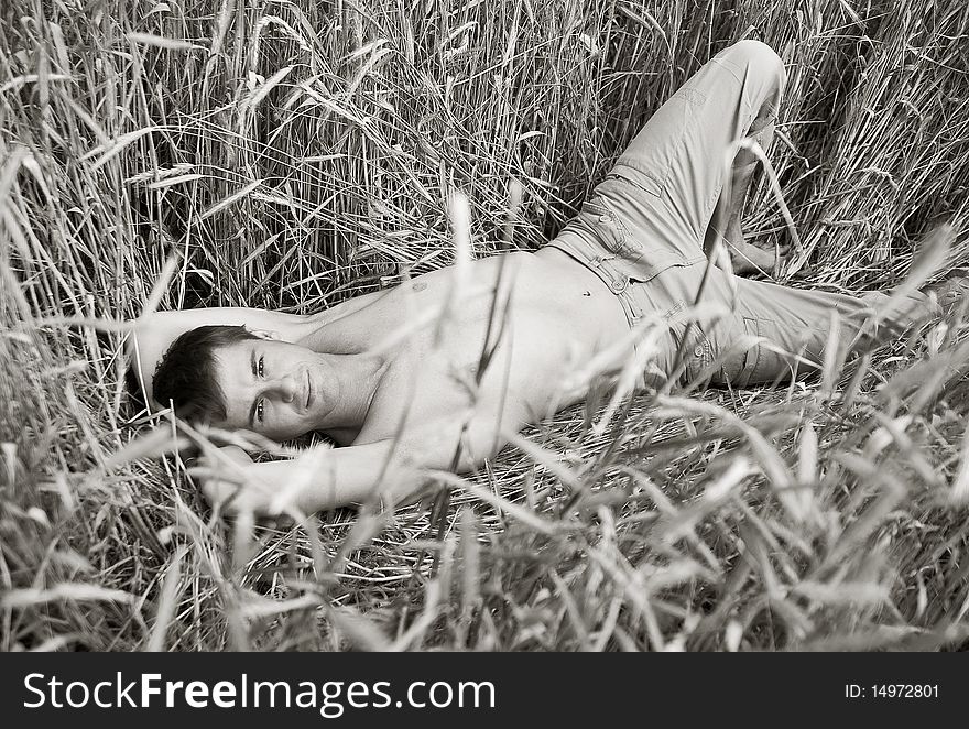 A man lie in field of wheat. black-and-white photo