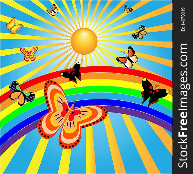 Butterflies rejoice to the sun and a rainbow. Vector illustration