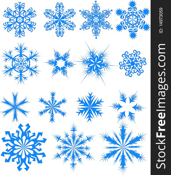 Fifteen blue snowflakes. Vector illustration