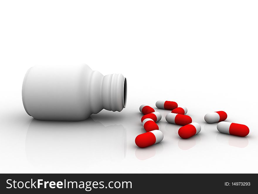 Pills and bottle on a white background