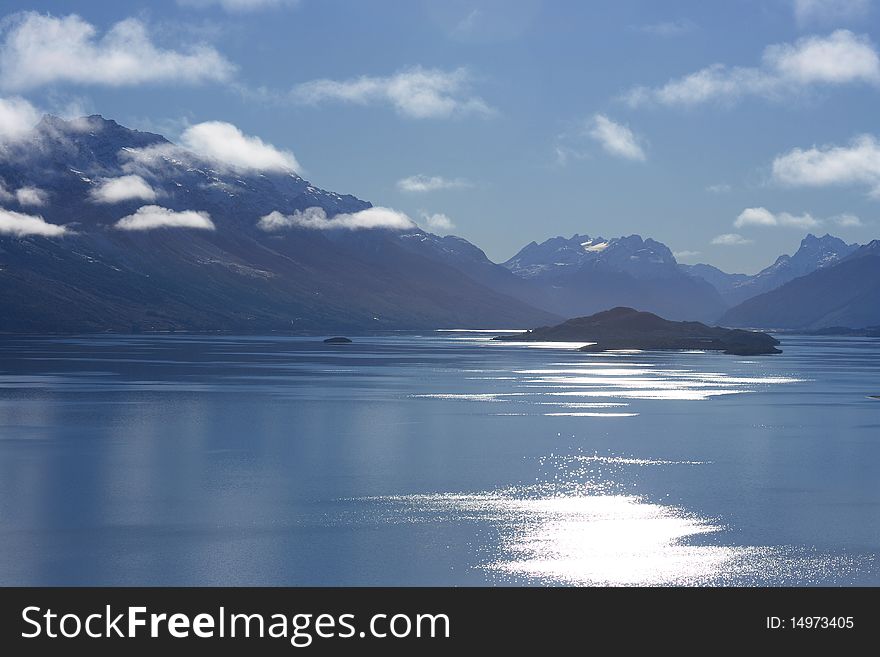 Looking down Lake Wakatipu towards Pidgeon Island and Glenorchy, Queenstown, New Zealand. Looking down Lake Wakatipu towards Pidgeon Island and Glenorchy, Queenstown, New Zealand