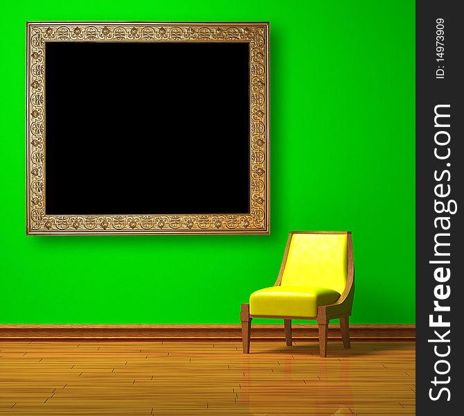 Yellow chair with antique frame in green minimalist interior