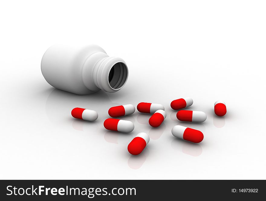 Pills and bottle on a white background. Pills and bottle on a white background