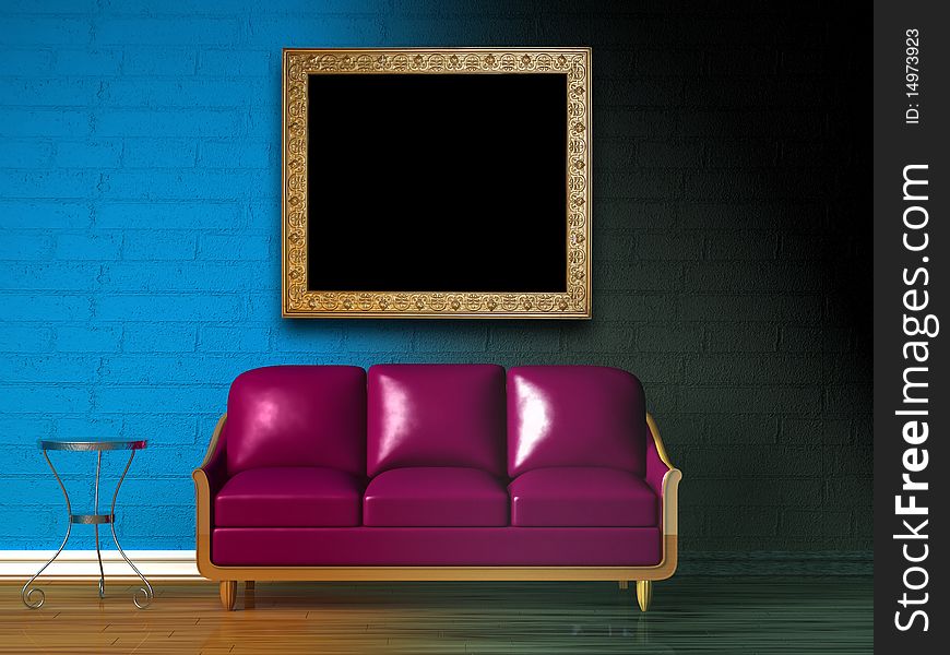 Purple couch, table and picture frame in double colored minimalist interior. Purple couch, table and picture frame in double colored minimalist interior