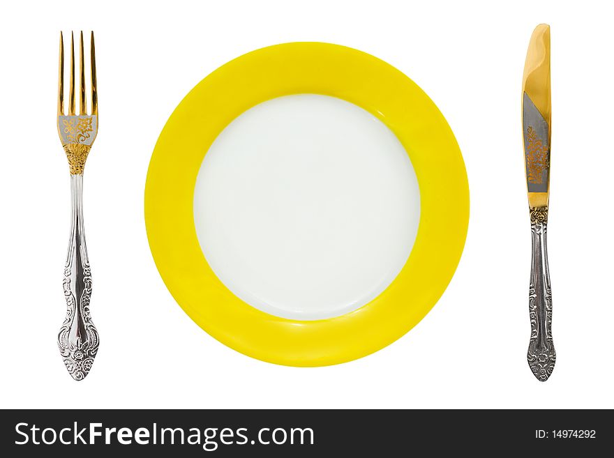 Plate, fork, and knife isolated on white background