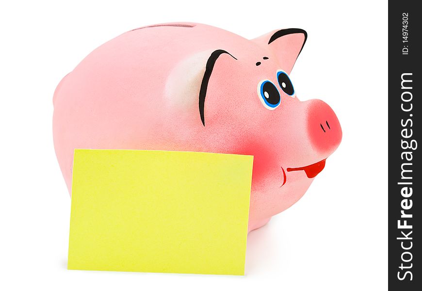 Piggy bank and note paper isolated on white background