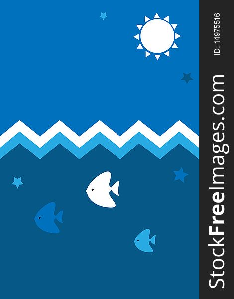 Illustration of a summer card in blue tone with fishes,sea,waves and sun ,useful as poster or brochure.EPS file available. Illustration of a summer card in blue tone with fishes,sea,waves and sun ,useful as poster or brochure.EPS file available