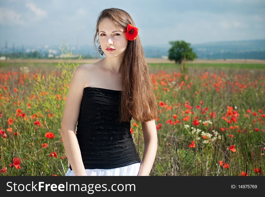 Beautiful young woman posing in the field of poppies. Beautiful young woman posing in the field of poppies