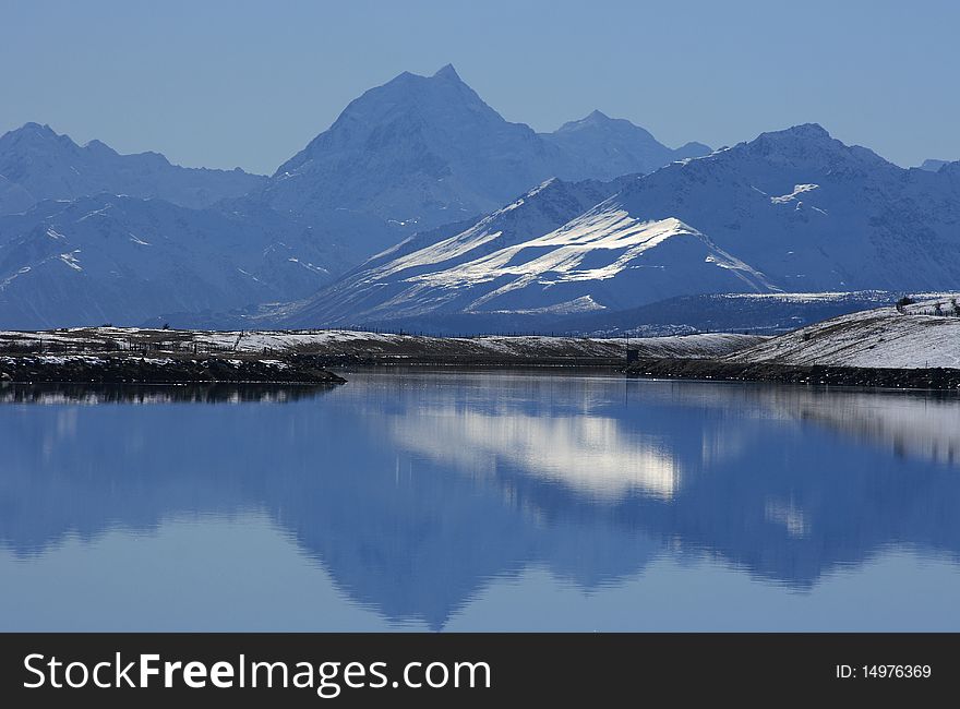 An image taken accross the Tekapo canal towards New Zealand highest point, Mt Cook.