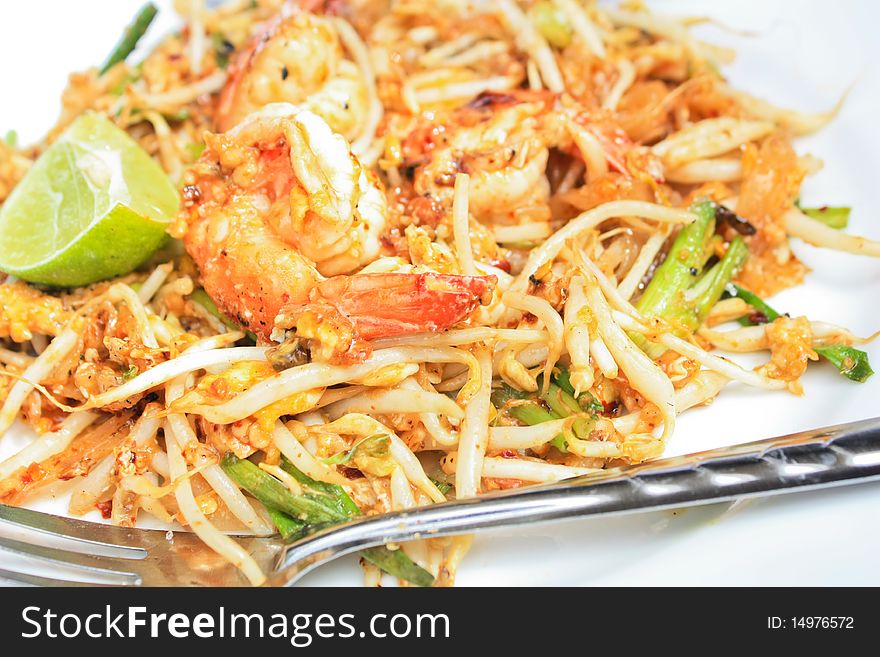 Fried noodle with shrimp famous food in Thailand southeast of Asia