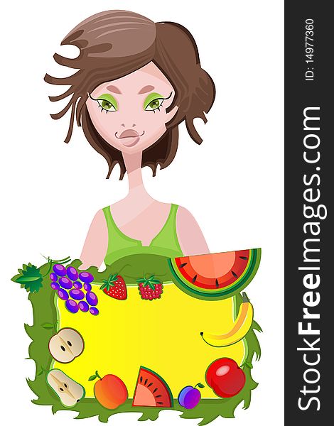 Vector card with beautiful girl and fruits