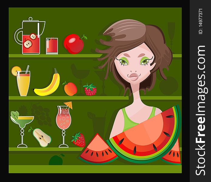 Vector illustratio of beautiful girl with fruits and juice