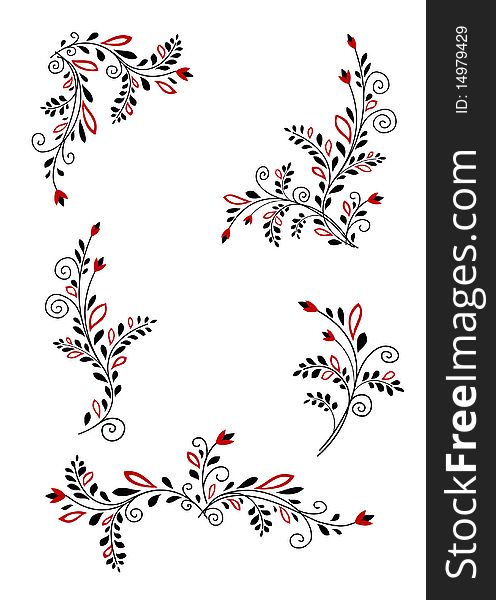 Black and red floral elements. Horizontal, vertical, angle.