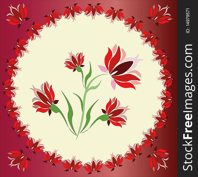 Red circle frame with red flowers in the center. Red circle frame with red flowers in the center.