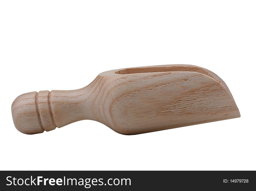 Wooden spoon for loose products on a white background.