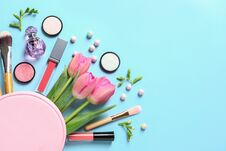 Makeup Products, Flowers And Cosmetic Bag On Color Background, Flat Lay Royalty Free Stock Photography Makeup Products, Flowers And Cosmetic Bag On Color Background, Flat Lay Royalty Free Stock Photography