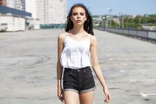 Free Pretty Young Brunette Model In White Summer Blouse And Jeans, Summer Street Outdoors Royalty Free Stock Images - 149752199