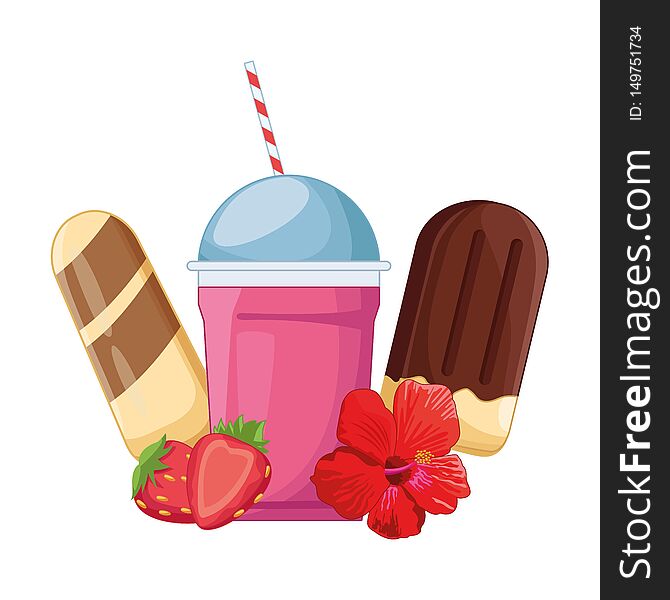 Milkshake cup and ice creams with strawberries and flower vector illustration graphic design. Milkshake cup and ice creams with strawberries and flower vector illustration graphic design