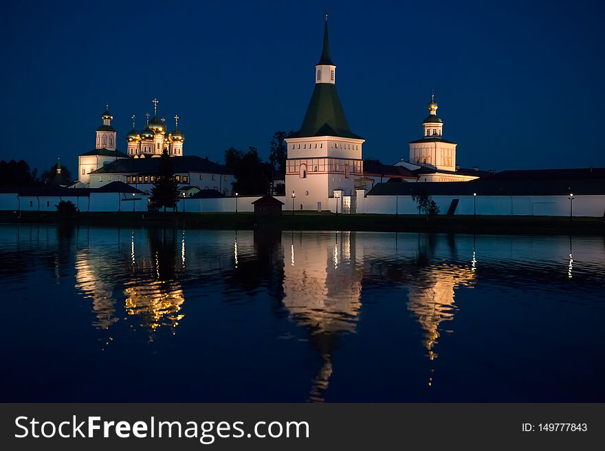 Valdai Iversky Svyatoozersky Virgin Monastery for Men. Selvitsky Island, Valdai Lake. Summer night. Valdai Iversky Svyatoozersky Virgin Monastery for Men. Selvitsky Island, Valdai Lake. Summer night