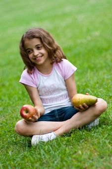 Girl With Red Apple And Pear Royalty Free Stock Image Girl With Red Apple And Pear Royalty Free Stock Image