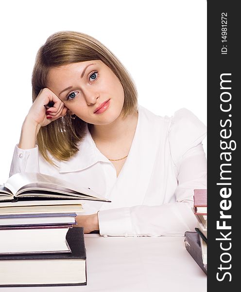 Young woman reading book on a white background